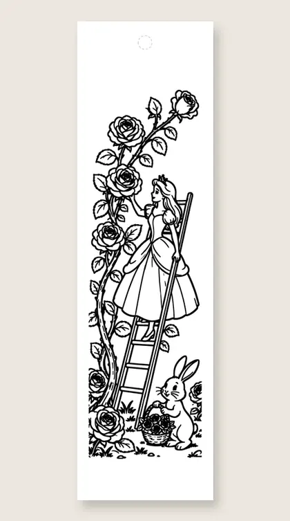 Picking roses with a bunny: coloring bookmark