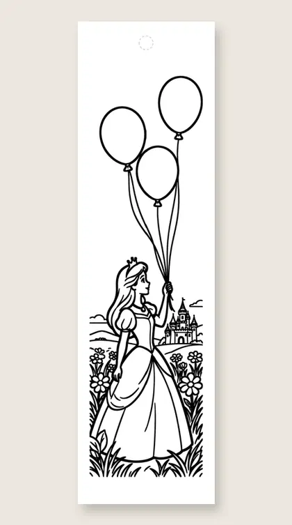 Balloons above the castle: coloring bookmark