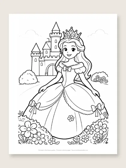 Princess in the flower garden: princess coloring page