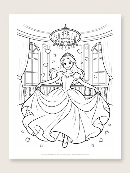 Dancing in the ballroom: princess coloring page