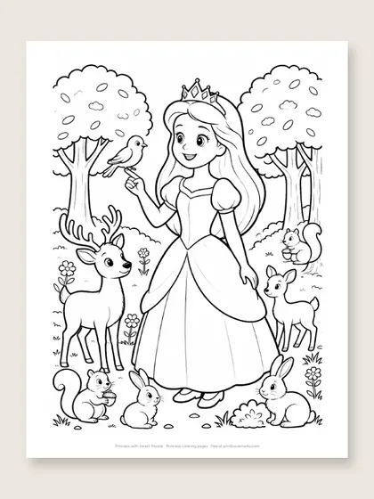 Princess with forest friends: princess coloring page