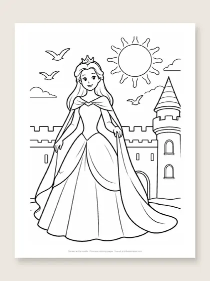 Sunset at the castle: princess coloring page