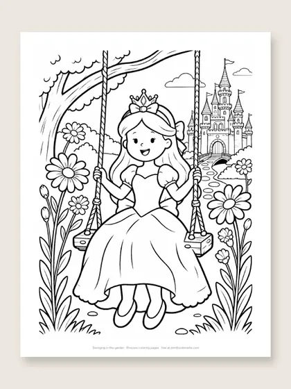 Swinging in the garden: princess coloring page