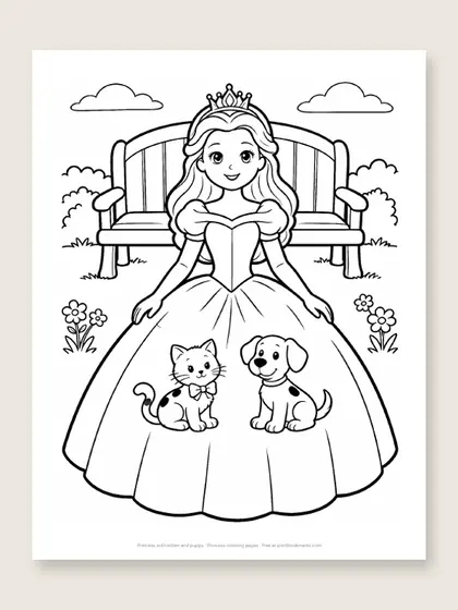 Princess with kitten and puppy: princess coloring page