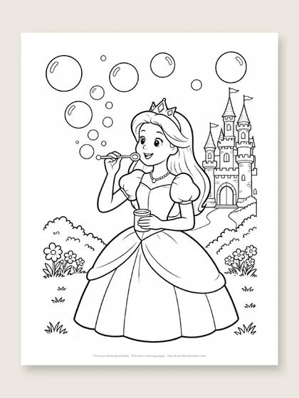 Princess blowing bubbles: princess coloring page