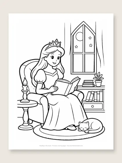 Reading in the tower: princess coloring page