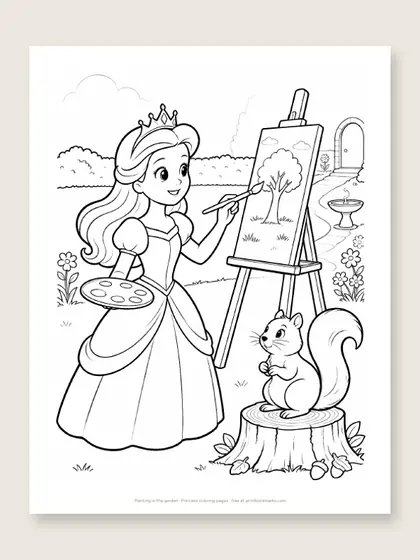 Painting in the garden: princess coloring page