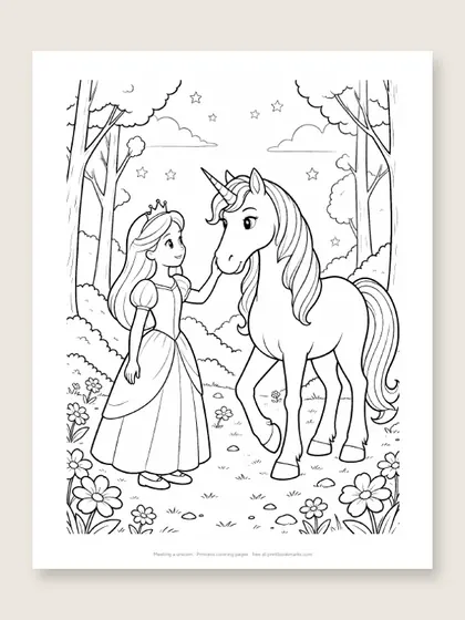 Meeting a unicorn: princess coloring page