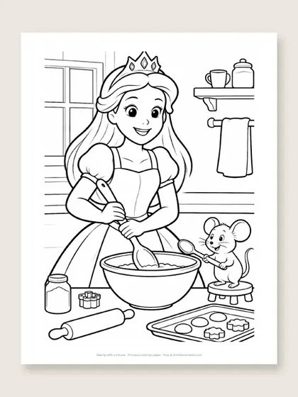 Baking with a mouse: princess coloring page