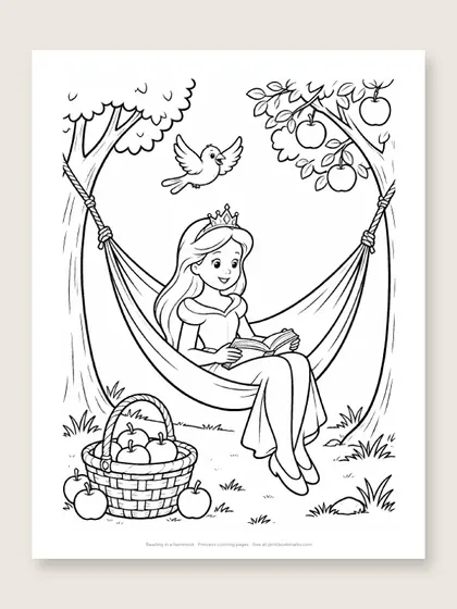 Reading in a hammock: princess coloring page