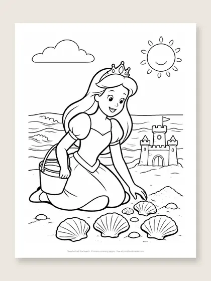 Seashells at the beach: princess coloring page