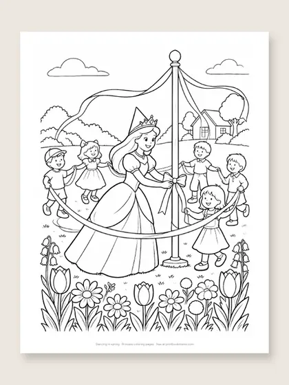 Dancing in spring: princess coloring page