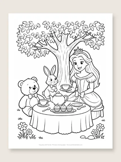 Tea party with friends: princess coloring page