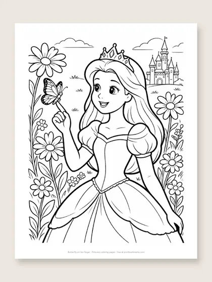 Butterfly on her finger: princess coloring page