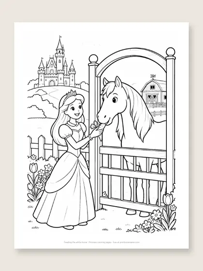 Feeding the white horse: princess coloring page