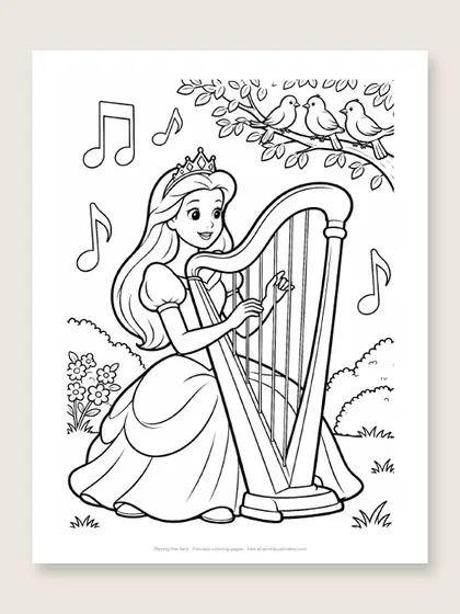Playing the harp: princess coloring page