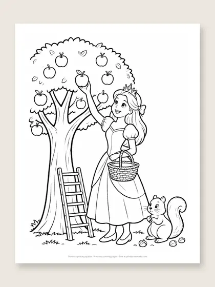 Princess picking apples: princess coloring page