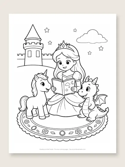 Reading to little friends: princess coloring page