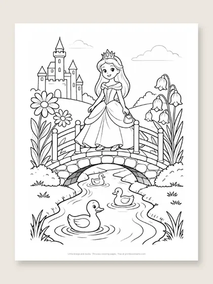 Little bridge and ducks: princess coloring page