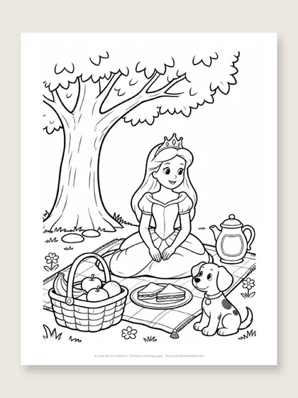 A royal picnic outdoors: princess coloring page