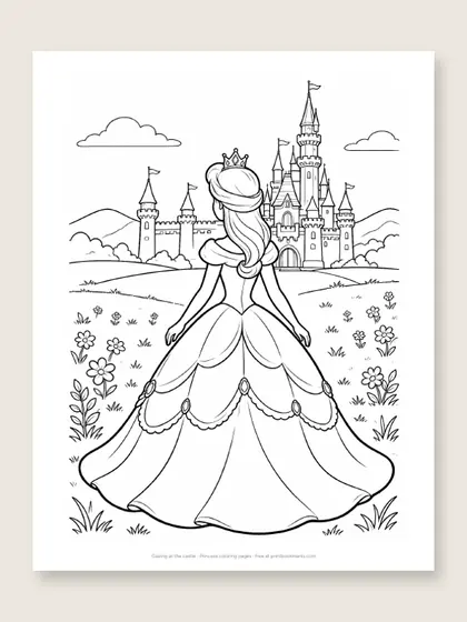 Gazing at the castle: princess coloring page