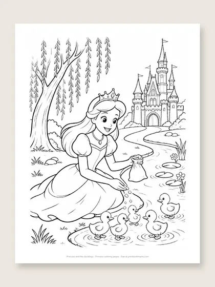Princess and the ducklings: princess coloring page