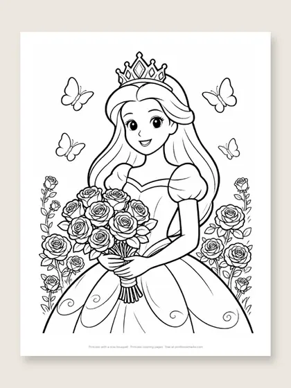 Princess with a rose bouquet: princess coloring page