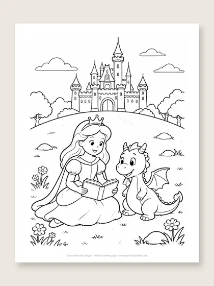 Story time with a dragon: princess coloring page