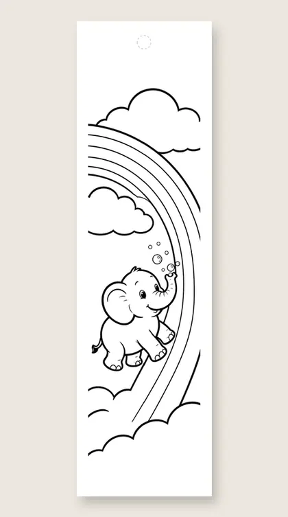Elephant slides down rainbow: coloring bookmark