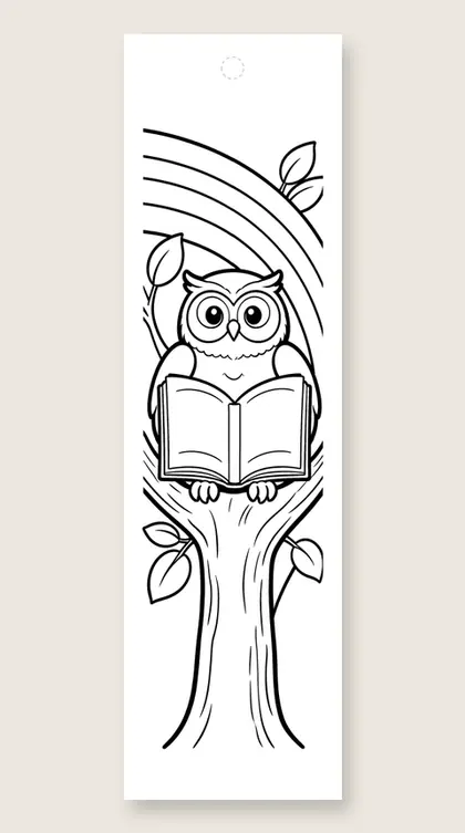 Owl reading by a rainbow: rainbow coloring bookmark