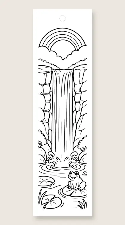 Rainbow waterfall and frog: rainbow coloring bookmark