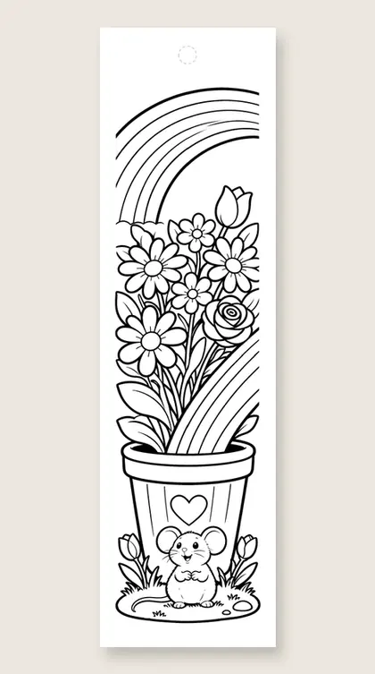 Mouse at rainbow end: rainbow coloring bookmark