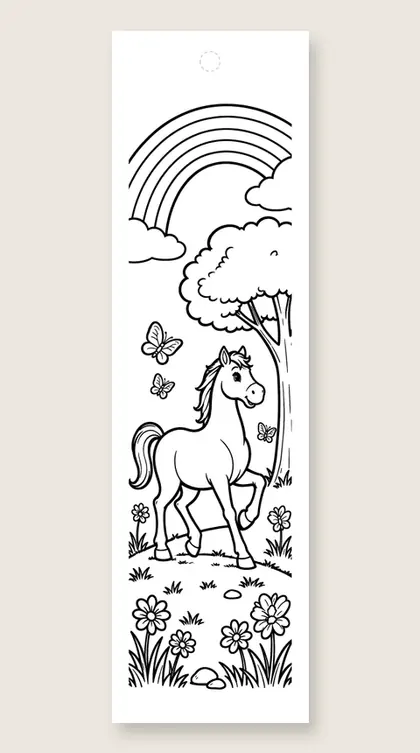 Horse beneath a rainbow: rainbow coloring bookmark