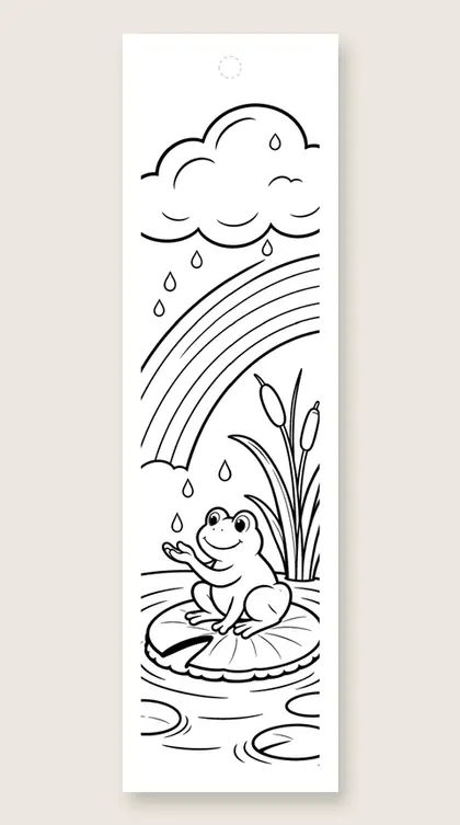Frog catching rainbow raindrops: rainbow coloring bookmark