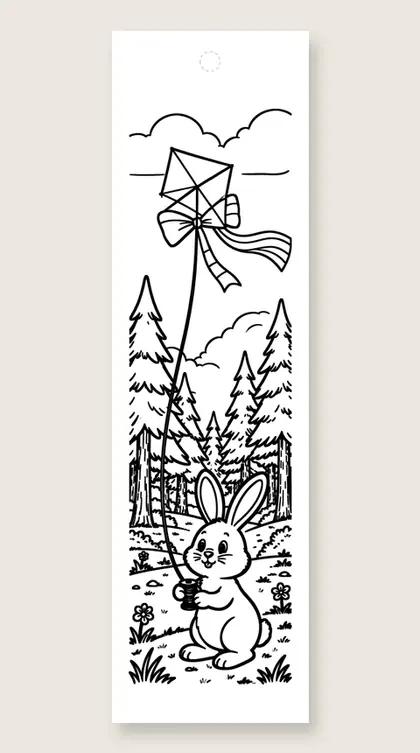 Rabbit flies a kite: rainbow coloring bookmark
