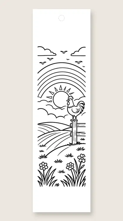 Rainbow morning with rooster: rainbow coloring bookmark