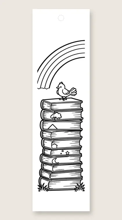 Rainbow over a book stack: rainbow coloring bookmark
