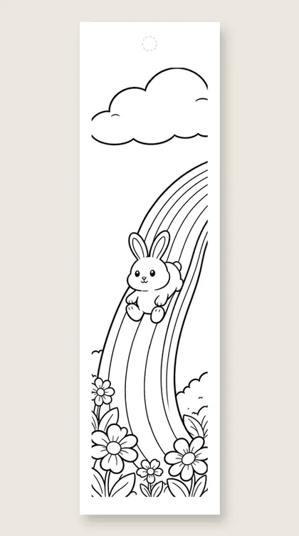 Bunny slides down a rainbow: coloring bookmark