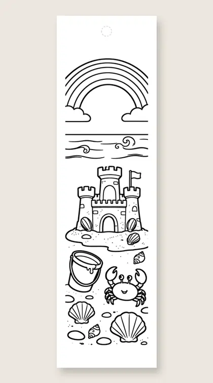Beach rainbow and sandcastle: rainbow coloring bookmark