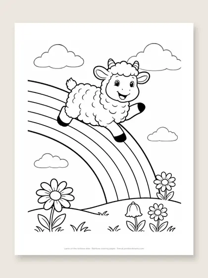 Lamb on the rainbow slide: rainbow coloring page