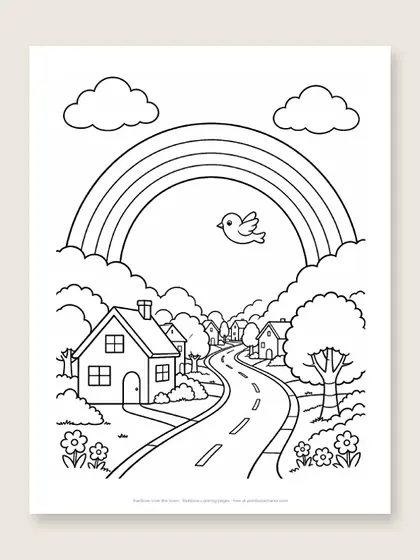 Rainbow over the town: rainbow coloring page