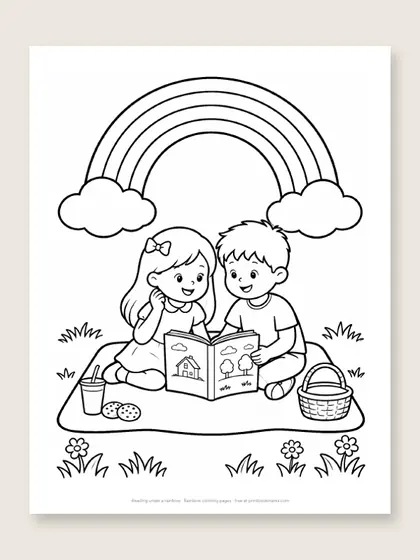 Reading under a rainbow: rainbow coloring page