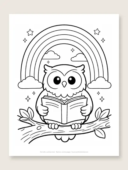 Owl with a rainbow book: rainbow coloring page