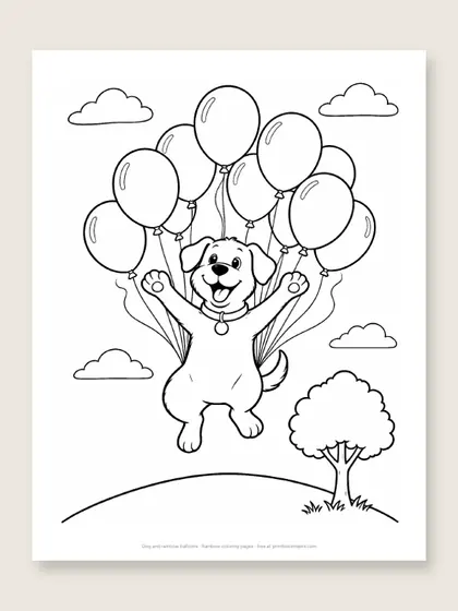 Dog and rainbow balloons: rainbow coloring page