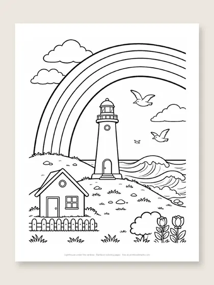 Lighthouse under the rainbow: rainbow coloring page