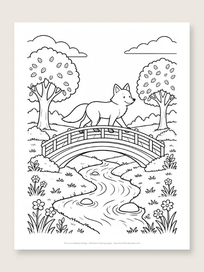 Fox on a rainbow bridge: fox coloring page