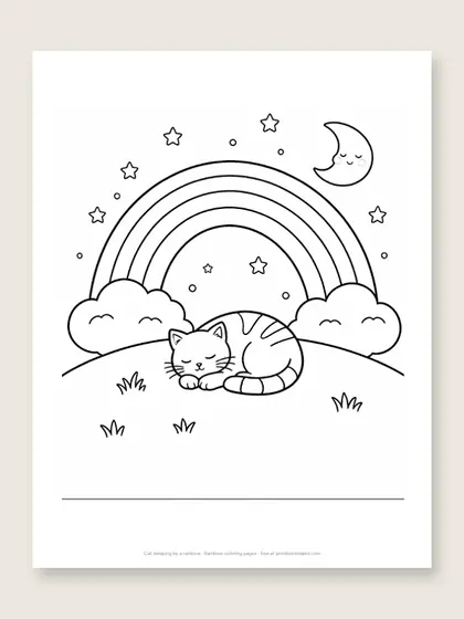 Cat sleeping by a rainbow: rainbow coloring page