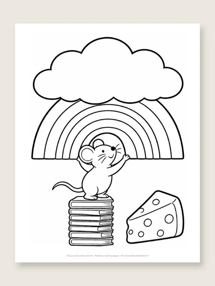 Mouse and rainbow books: rainbow coloring page