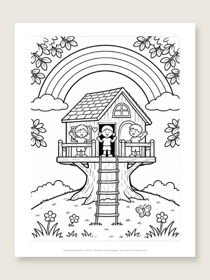 Treehouse beneath a rainbow: rainbow coloring page