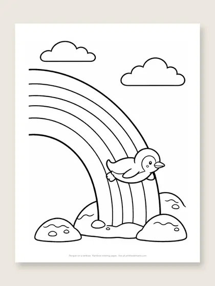 Penguin on a rainbow: rainbow coloring page